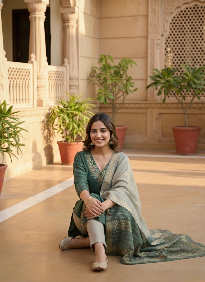 Women’s Vetican Fabric Embroidered Rama Kurta Set with Pant and Dupatta