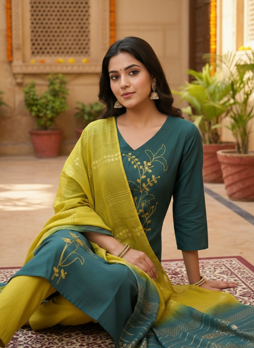 Women’s Vetican Fabric Rama Embroidered Kurta Set with Pant and Dupatta