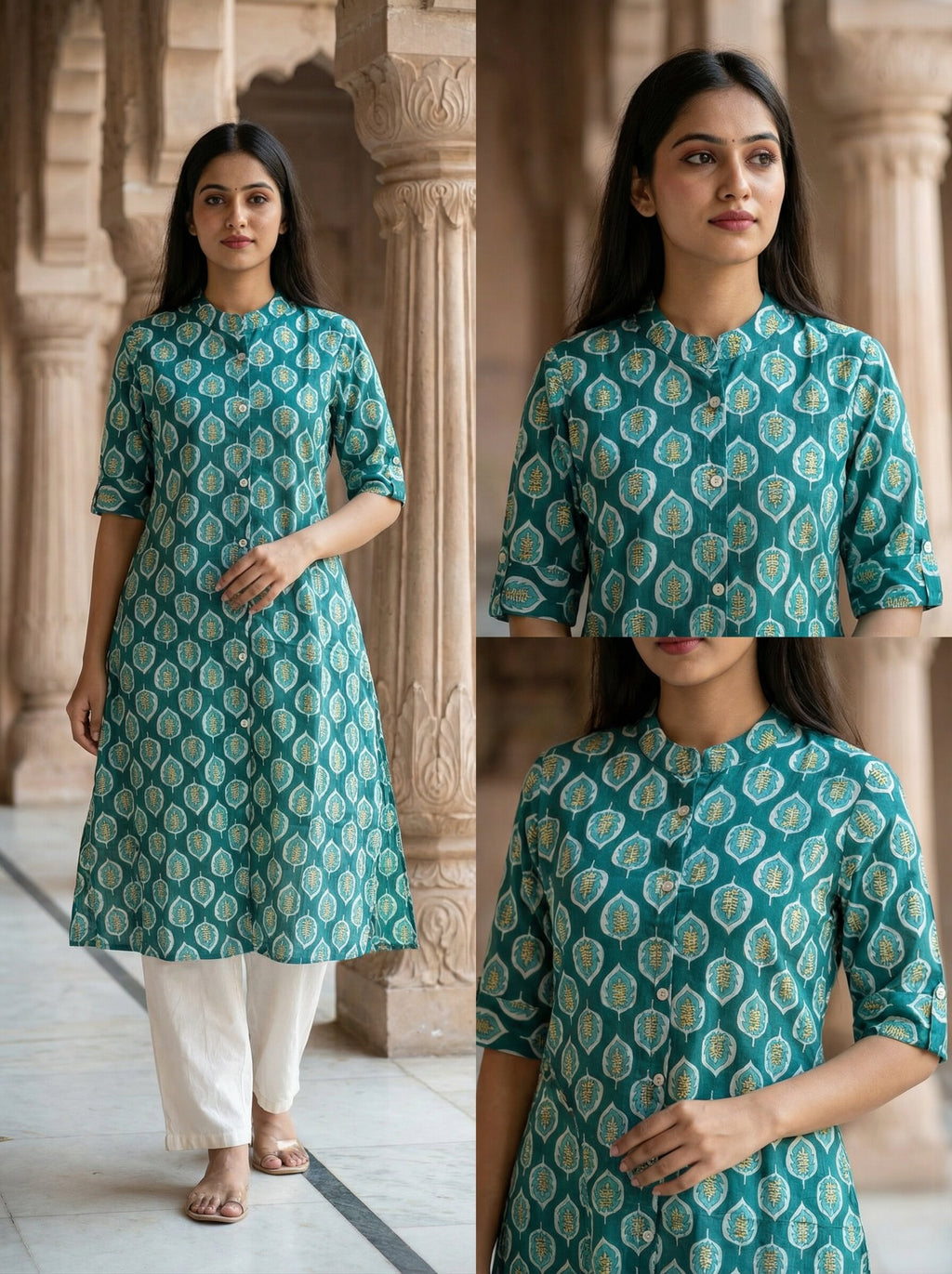 Women’s Jaipuri Printed Pure Cotton Rama A-Line Kurta with 3/4 Sleeves & Front Button Placket