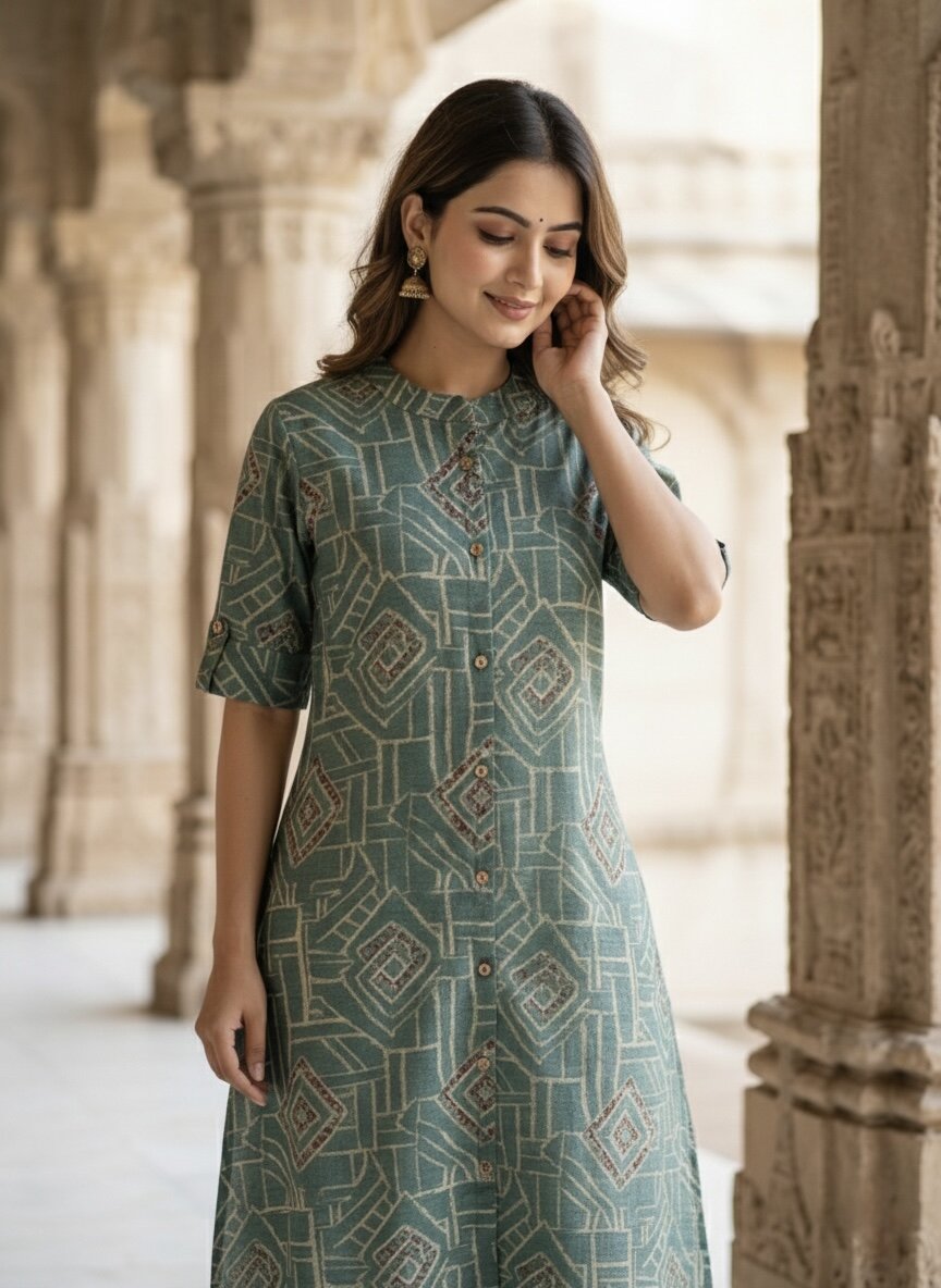 Women’s Jaipuri Printed Pure Rama Cotton A-Line Kurta with 3/4 Sleeves & Front Button Placket