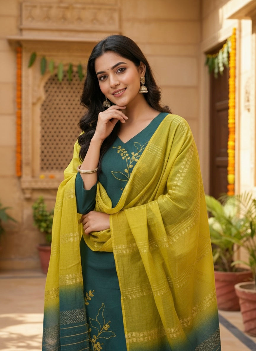 Women’s Vetican Fabric Rama Embroidered Kurta Set with Pant and Dupatta