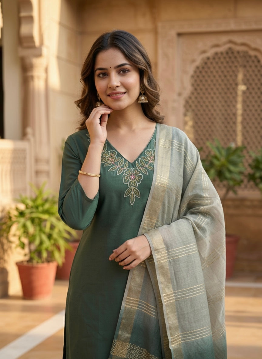 Women’s Vetican Fabric Embroidered Rama Kurta Set with Pant and Dupatta