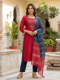 Women’s Vetican Fabric Embroidered Rani Kurta Set with Pant and Dupatta