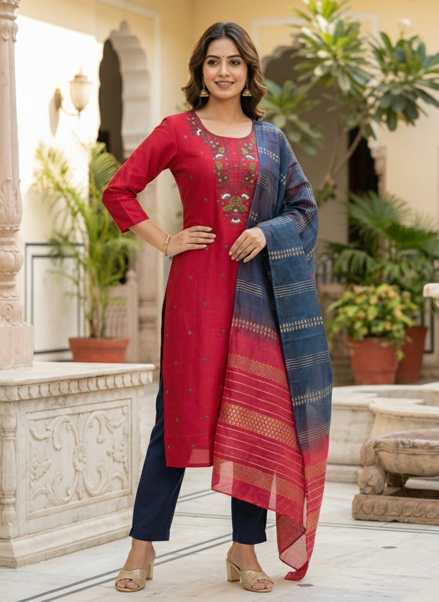 Women’s Vetican Fabric Embroidered Rani Kurta Set with Pant and Dupatta