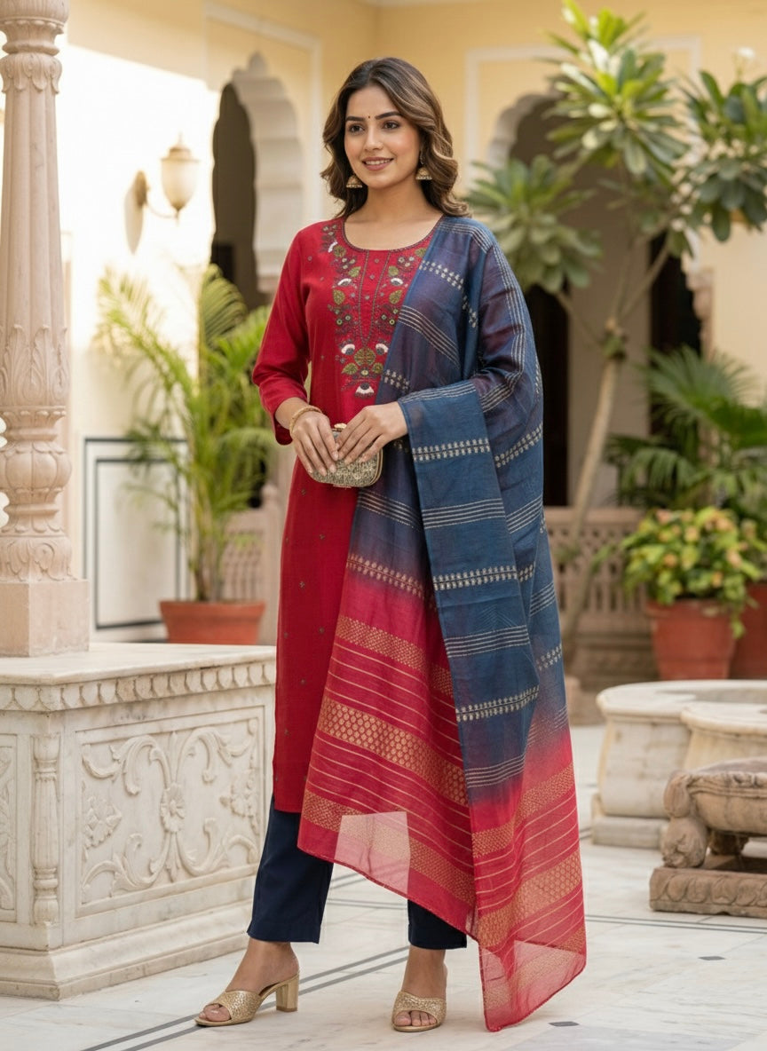 Women’s Vetican Fabric Embroidered Rani Kurta Set with Pant and Dupatta