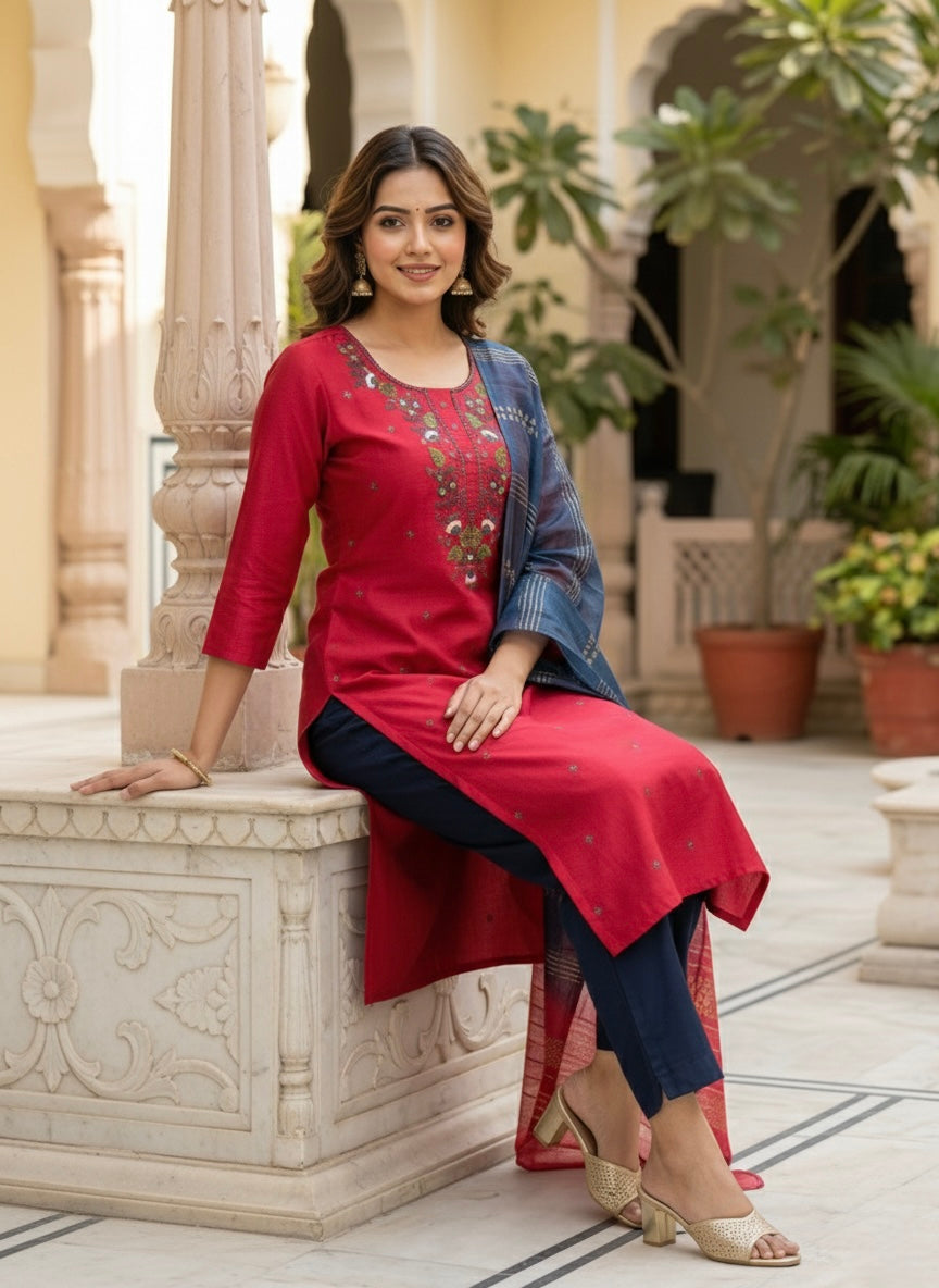 Women’s Vetican Fabric Embroidered Rani Kurta Set with Pant and Dupatta