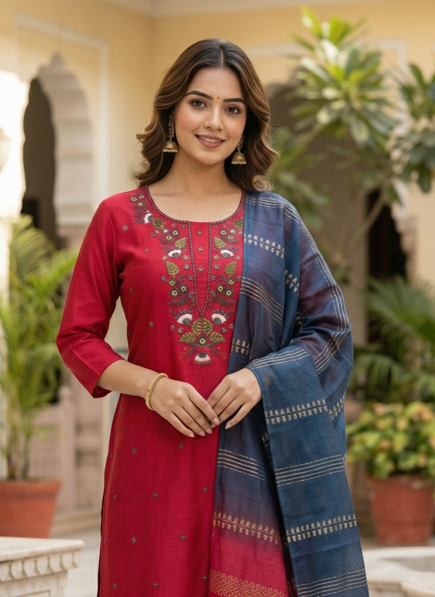 Women’s Vetican Fabric Embroidered Rani Kurta Set with Pant and Dupatta