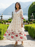 Women’s Rayon Slub Floral Printed Red Anarkali Kurti with V-Neck and Long Sleeves