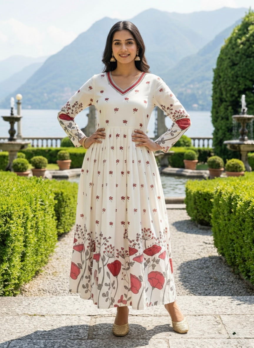 Women’s Rayon Slub Floral Printed Red Anarkali Kurti with V-Neck and Long Sleeves