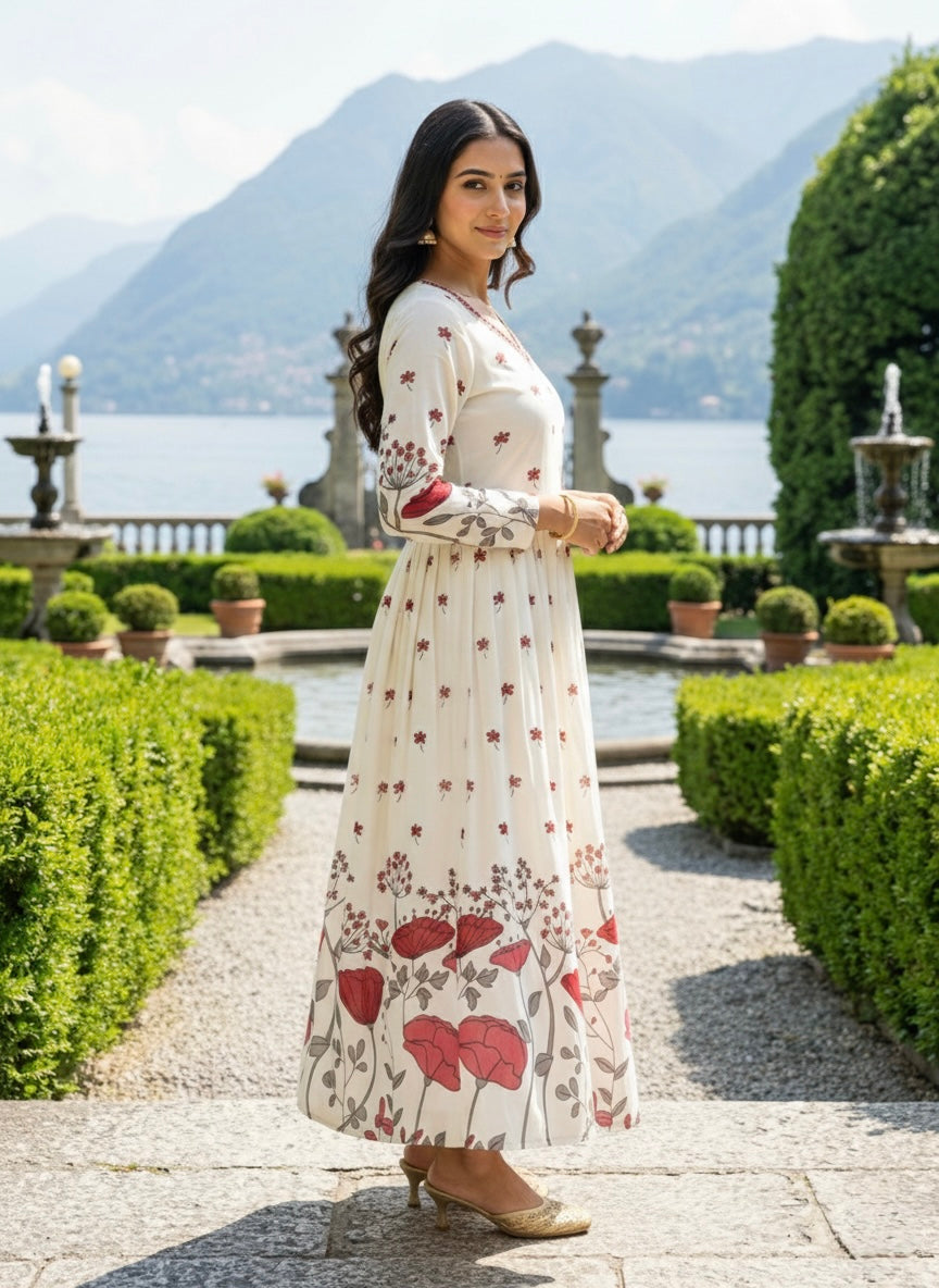 Women’s Rayon Slub Floral Printed Red Anarkali Kurti with V-Neck and Long Sleeves
