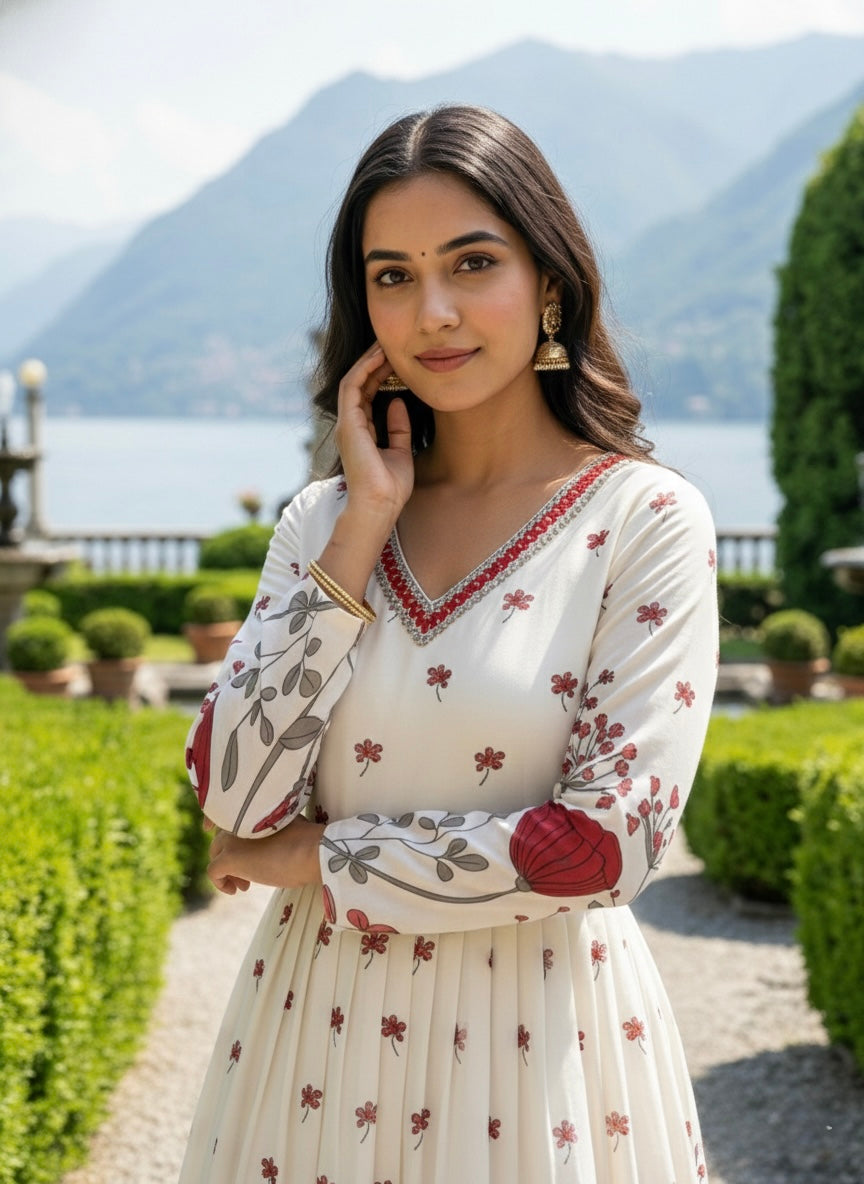 Women’s Rayon Slub Floral Printed Red Anarkali Kurti with V-Neck and Long Sleeves
