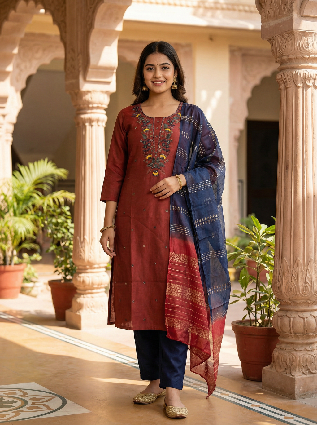 Women’s Vetican Fabric Embroidered Rust Kurta Set with Pant and Dupatta