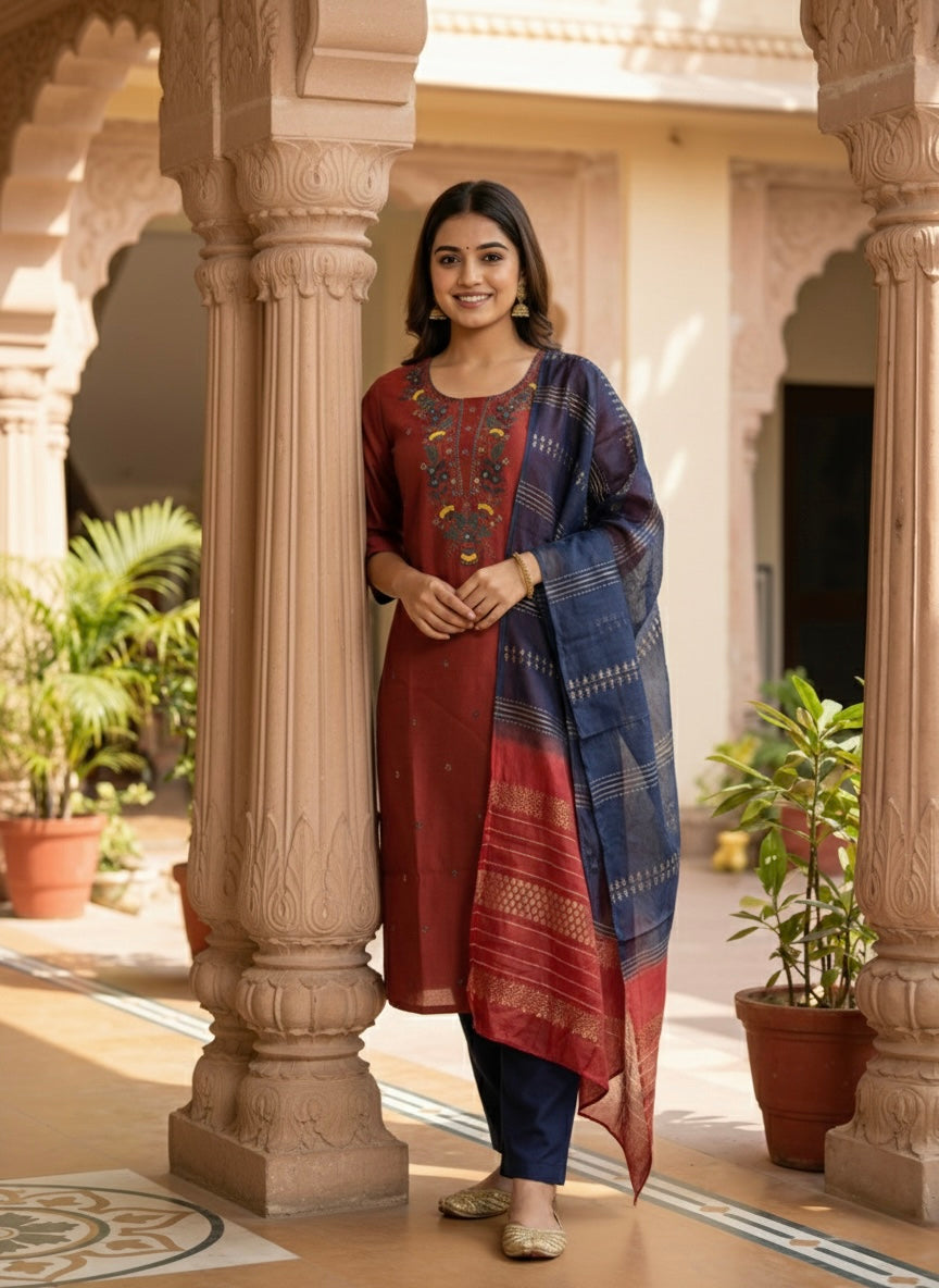 Women’s Vetican Fabric Embroidered Rust Kurta Set with Pant and Dupatta