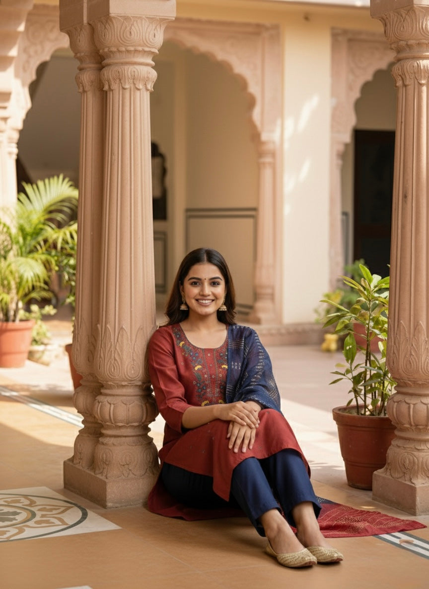 Women’s Vetican Fabric Embroidered Rust Kurta Set with Pant and Dupatta