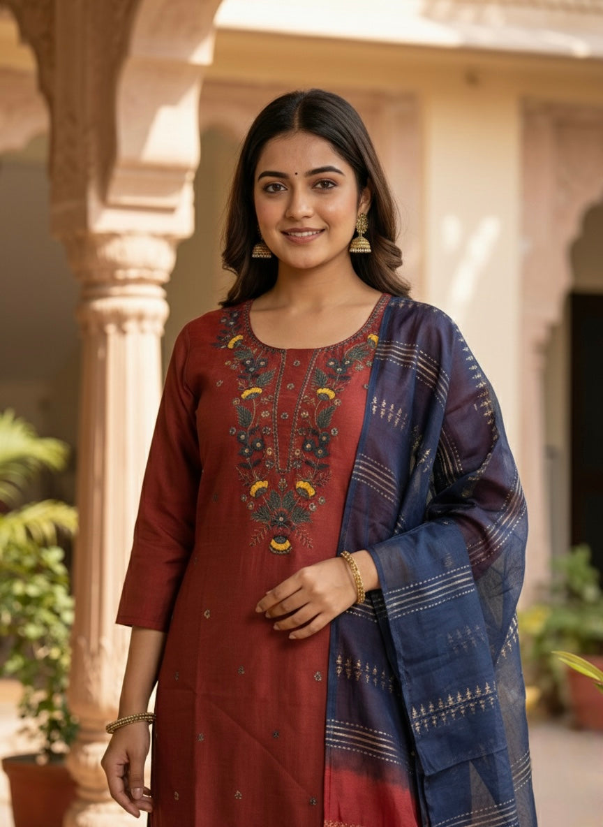 Women’s Vetican Fabric Embroidered Rust Kurta Set with Pant and Dupatta