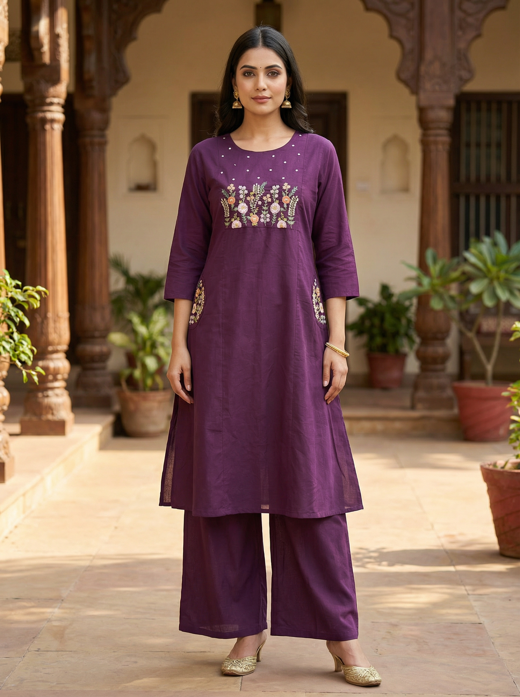 Premium Wine Jaipuri pure Cotton  Embroidered Co-Ord Set for Women