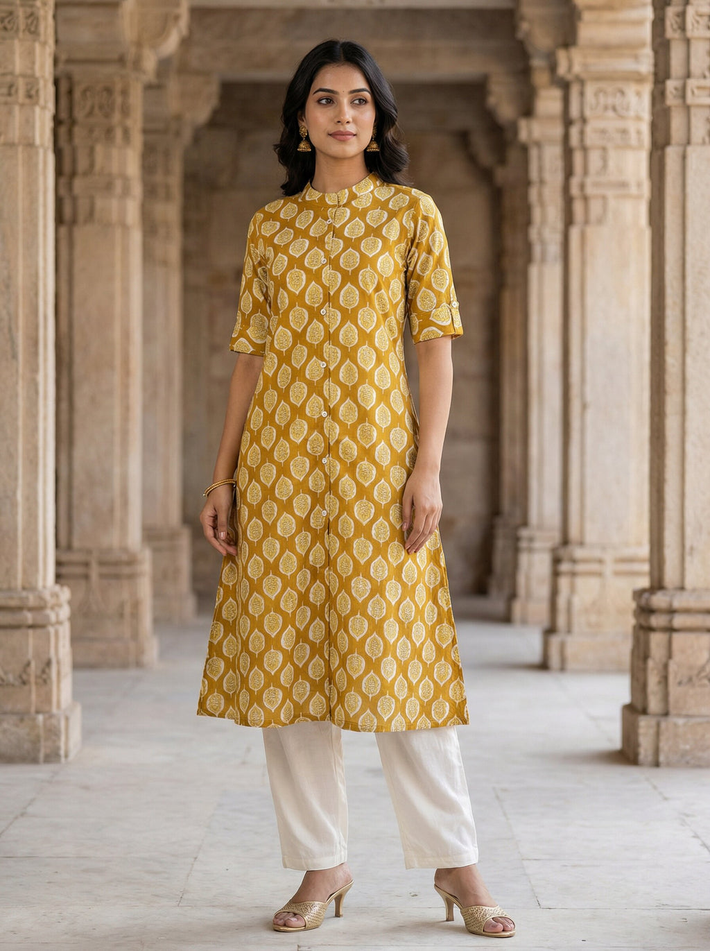 Women’s Jaipuri Printed Pure Cotton Yellow A-Line Kurta with 3/4 Sleeves & Front Button Placket