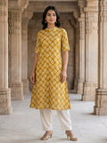 Women’s Jaipuri Printed Pure Cotton Yellow A-Line Kurta with 3/4 Sleeves & Front Button Placket