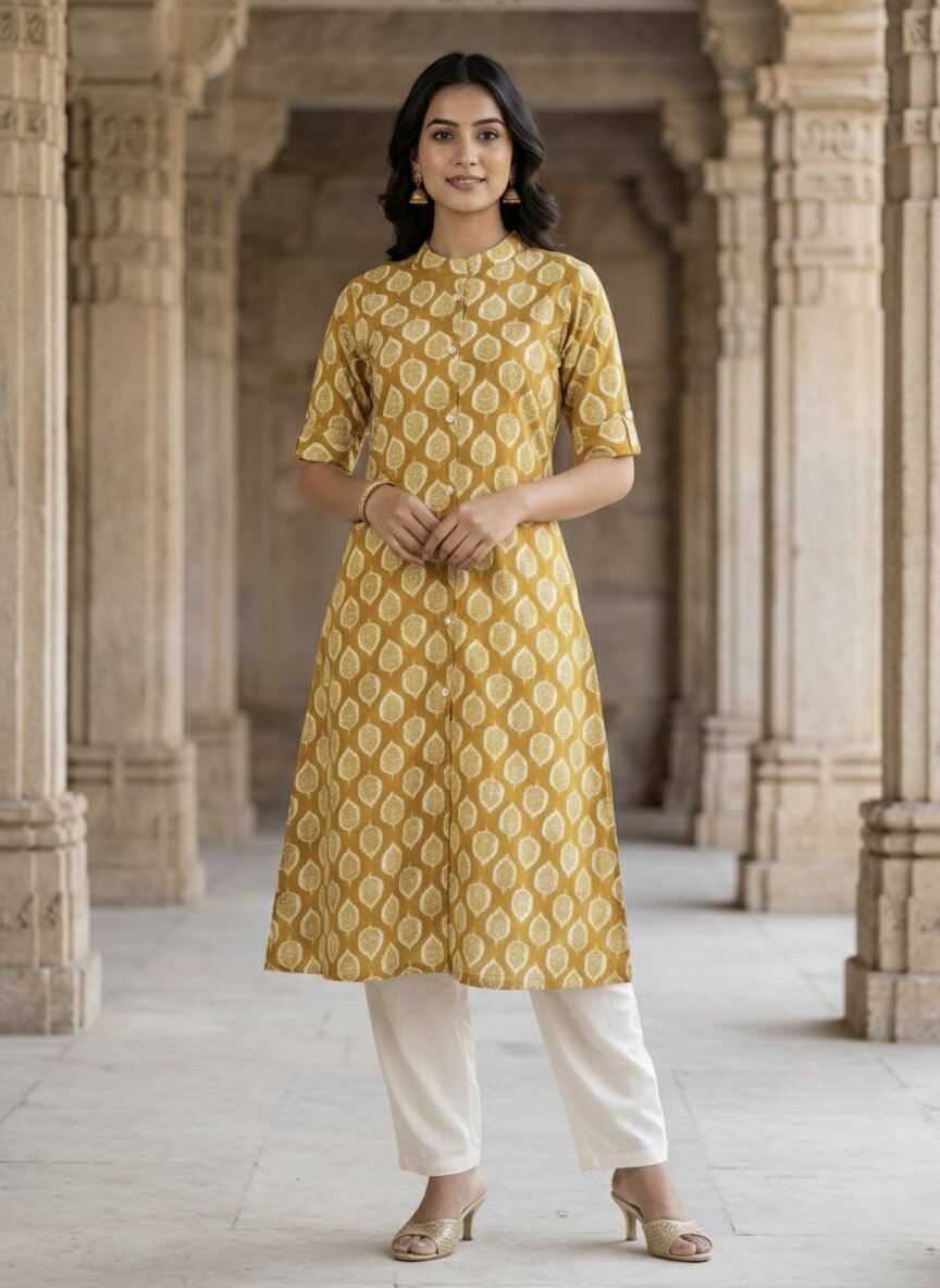 Women’s Jaipuri Printed Pure Cotton Yellow A-Line Kurta with 3/4 Sleeves & Front Button Placket