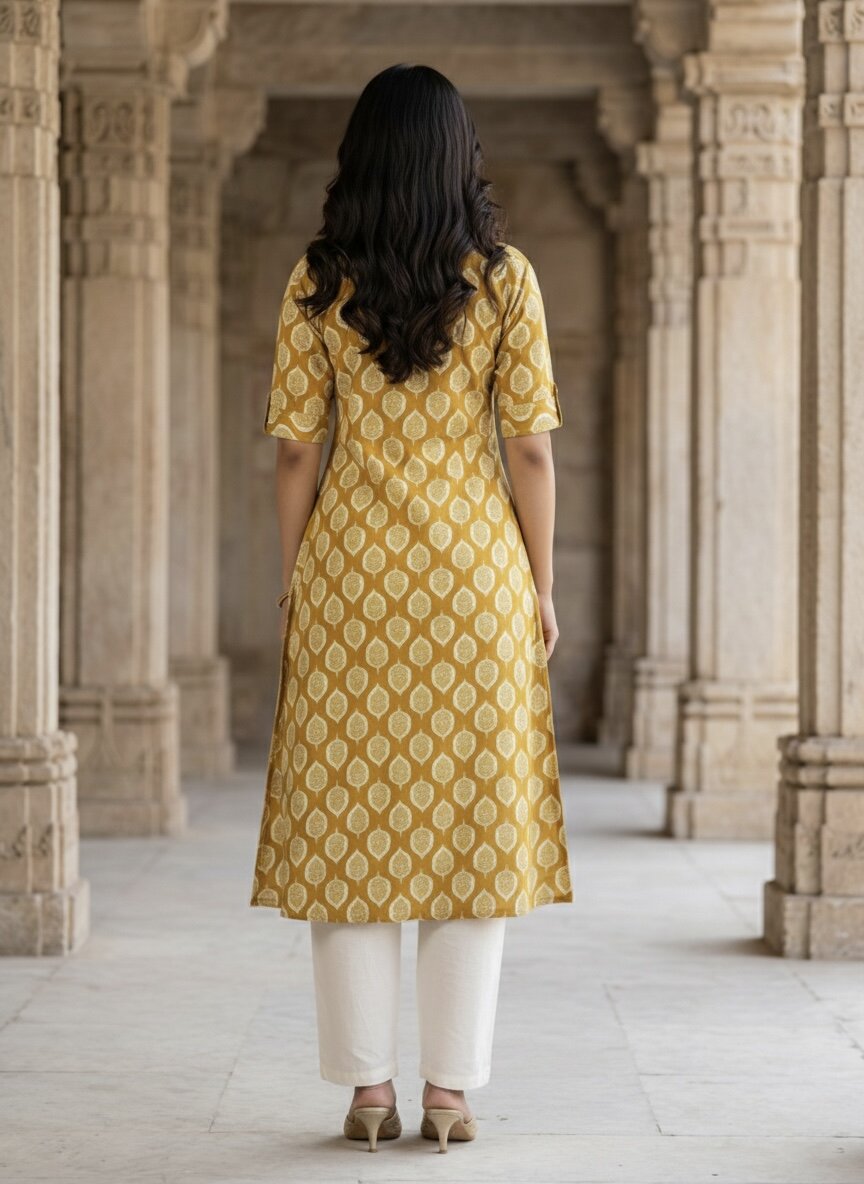 Women’s Jaipuri Printed Pure Cotton Yellow A-Line Kurta with 3/4 Sleeves & Front Button Placket