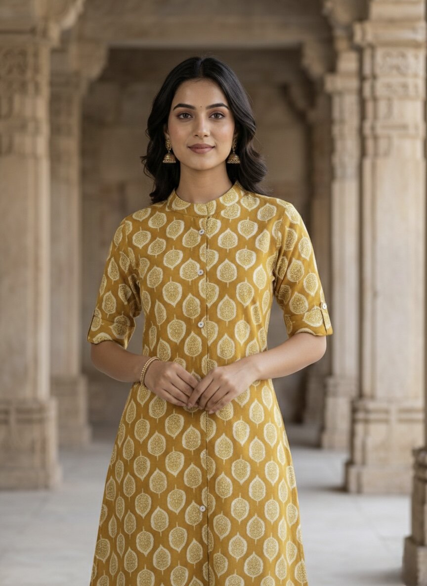 Women’s Jaipuri Printed Pure Cotton Yellow A-Line Kurta with 3/4 Sleeves & Front Button Placket
